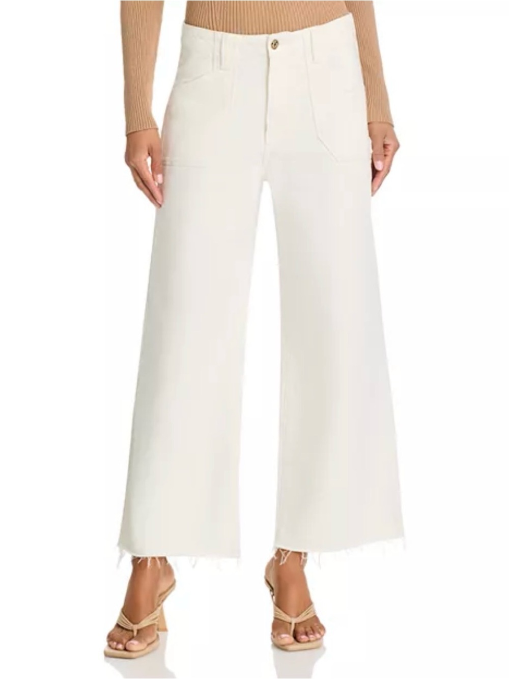 Paige Denim Anessa Wide Leg High-Rise Raw Hem Jeans in Cream